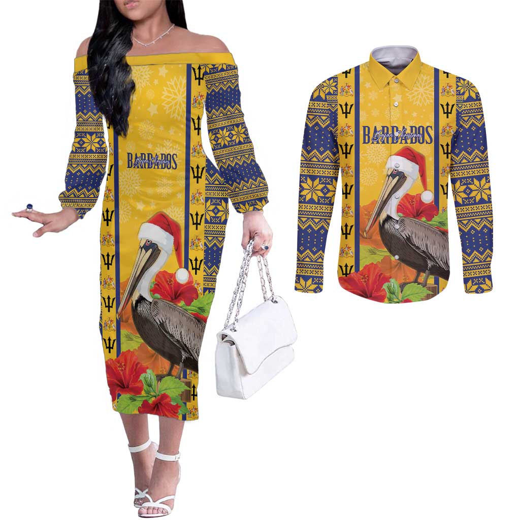 Personalized Barbados Christmas Couples Matching Off The Shoulder Long Sleeve Dress and Long Sleeve Button Shirt Bajan Xmas Brown Pelican Santa - Wonder Print Shop