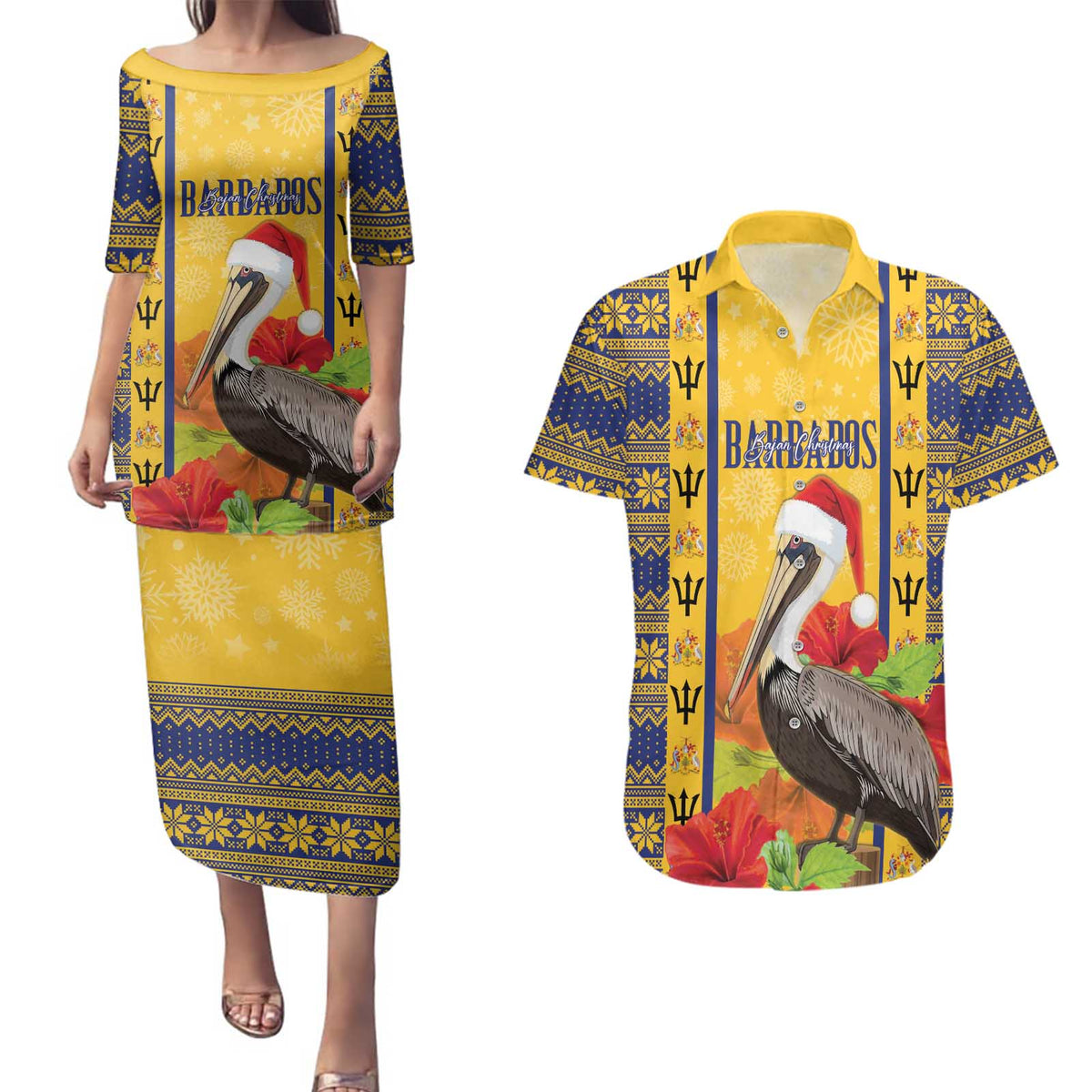 Personalized Barbados Christmas Couples Matching Puletasi and Hawaiian Shirt Bajan Xmas Brown Pelican Santa - Wonder Print Shop