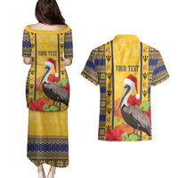 Personalized Barbados Christmas Couples Matching Puletasi and Hawaiian Shirt Bajan Xmas Brown Pelican Santa - Wonder Print Shop