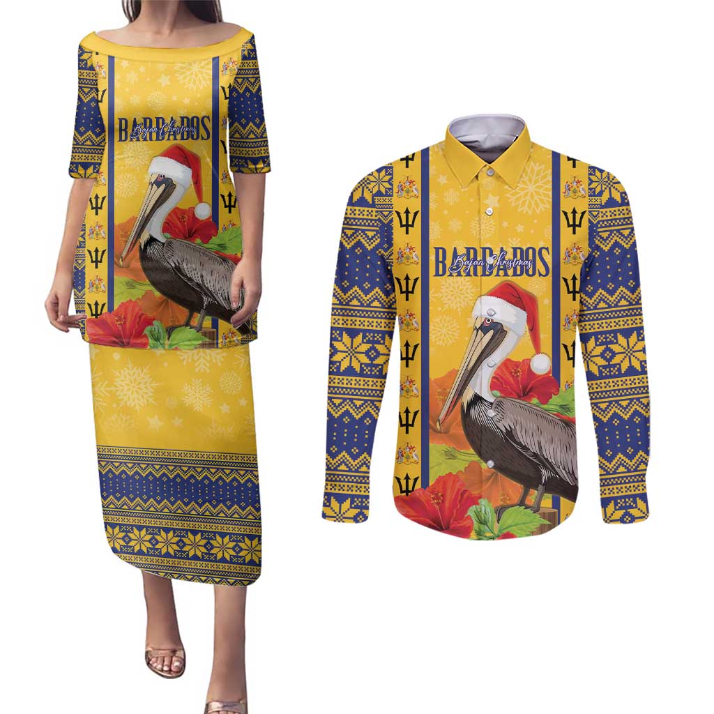 Personalized Barbados Christmas Couples Matching Puletasi and Long Sleeve Button Shirt Bajan Xmas Brown Pelican Santa - Wonder Print Shop