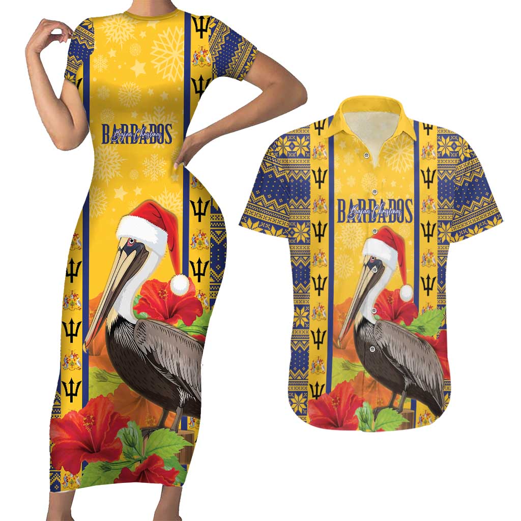 Personalized Barbados Christmas Couples Matching Short Sleeve Bodycon Dress and Hawaiian Shirt Bajan Xmas Brown Pelican Santa - Wonder Print Shop