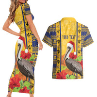 Personalized Barbados Christmas Couples Matching Short Sleeve Bodycon Dress and Hawaiian Shirt Bajan Xmas Brown Pelican Santa - Wonder Print Shop