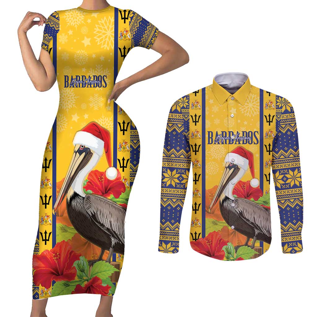 Personalized Barbados Christmas Couples Matching Short Sleeve Bodycon Dress and Long Sleeve Button Shirt Bajan Xmas Brown Pelican Santa - Wonder Print Shop