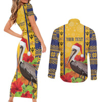 Personalized Barbados Christmas Couples Matching Short Sleeve Bodycon Dress and Long Sleeve Button Shirt Bajan Xmas Brown Pelican Santa - Wonder Print Shop