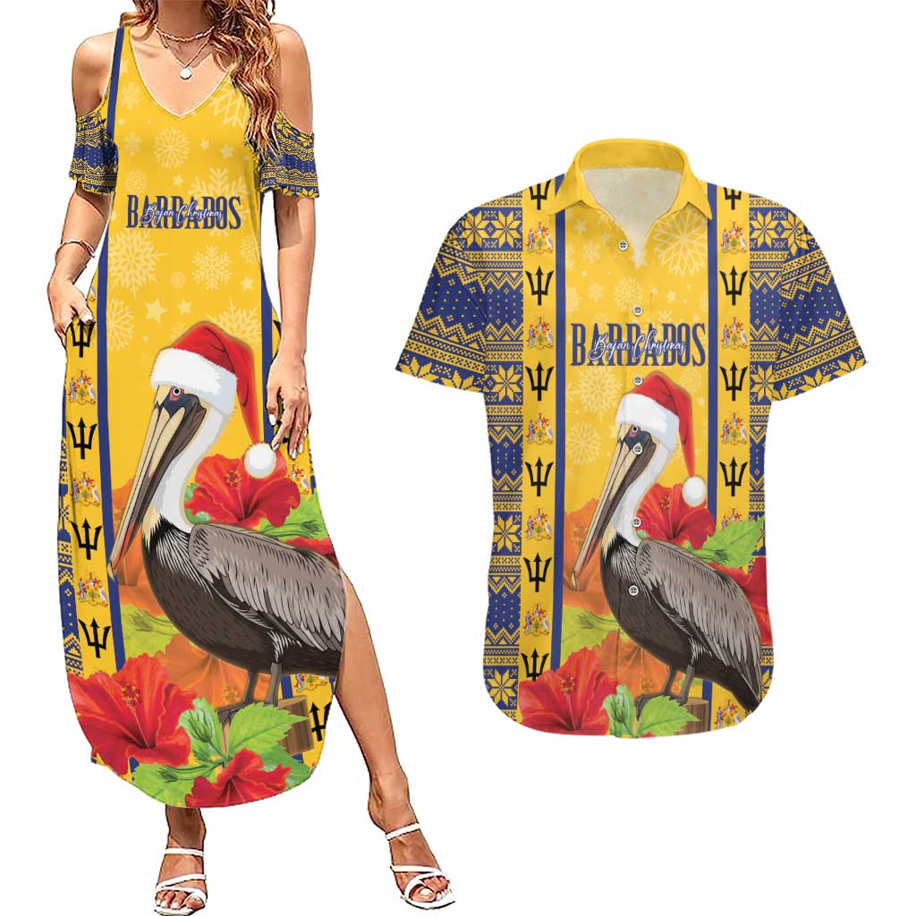 Personalized Barbados Christmas Couples Matching Summer Maxi Dress and Hawaiian Shirt Bajan Xmas Brown Pelican Santa - Wonder Print Shop