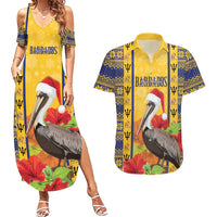 Personalized Barbados Christmas Couples Matching Summer Maxi Dress and Hawaiian Shirt Bajan Xmas Brown Pelican Santa - Wonder Print Shop