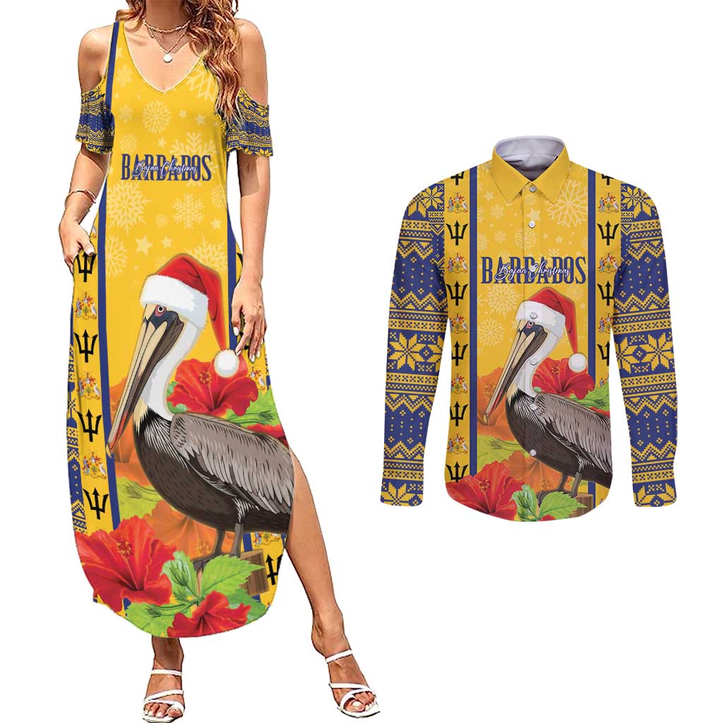 Personalized Barbados Christmas Couples Matching Summer Maxi Dress and Long Sleeve Button Shirt Bajan Xmas Brown Pelican Santa - Wonder Print Shop
