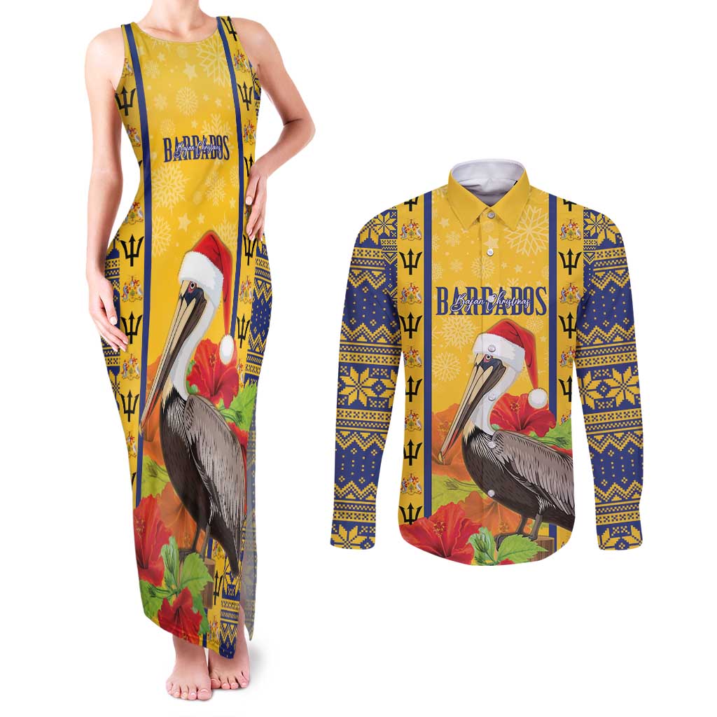 Personalized Barbados Christmas Couples Matching Tank Maxi Dress and Long Sleeve Button Shirt Bajan Xmas Brown Pelican Santa - Wonder Print Shop
