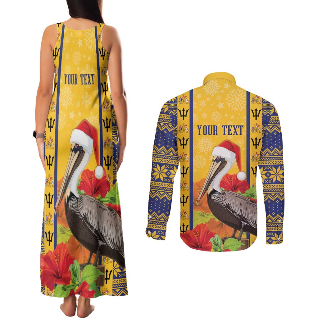 Personalized Barbados Christmas Couples Matching Tank Maxi Dress and Long Sleeve Button Shirt Bajan Xmas Brown Pelican Santa - Wonder Print Shop