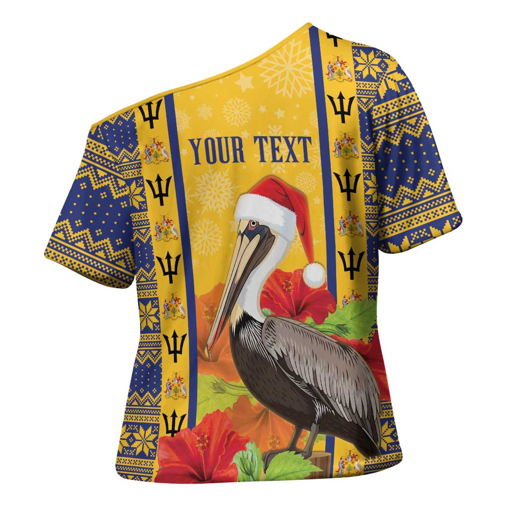 Personalized Barbados Christmas Cross Shoulder Shirt Bajan Xmas Brown Pelican Santa - Wonder Print Shop
