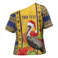 Personalized Barbados Christmas Cross Shoulder Shirt Bajan Xmas Brown Pelican Santa - Wonder Print Shop