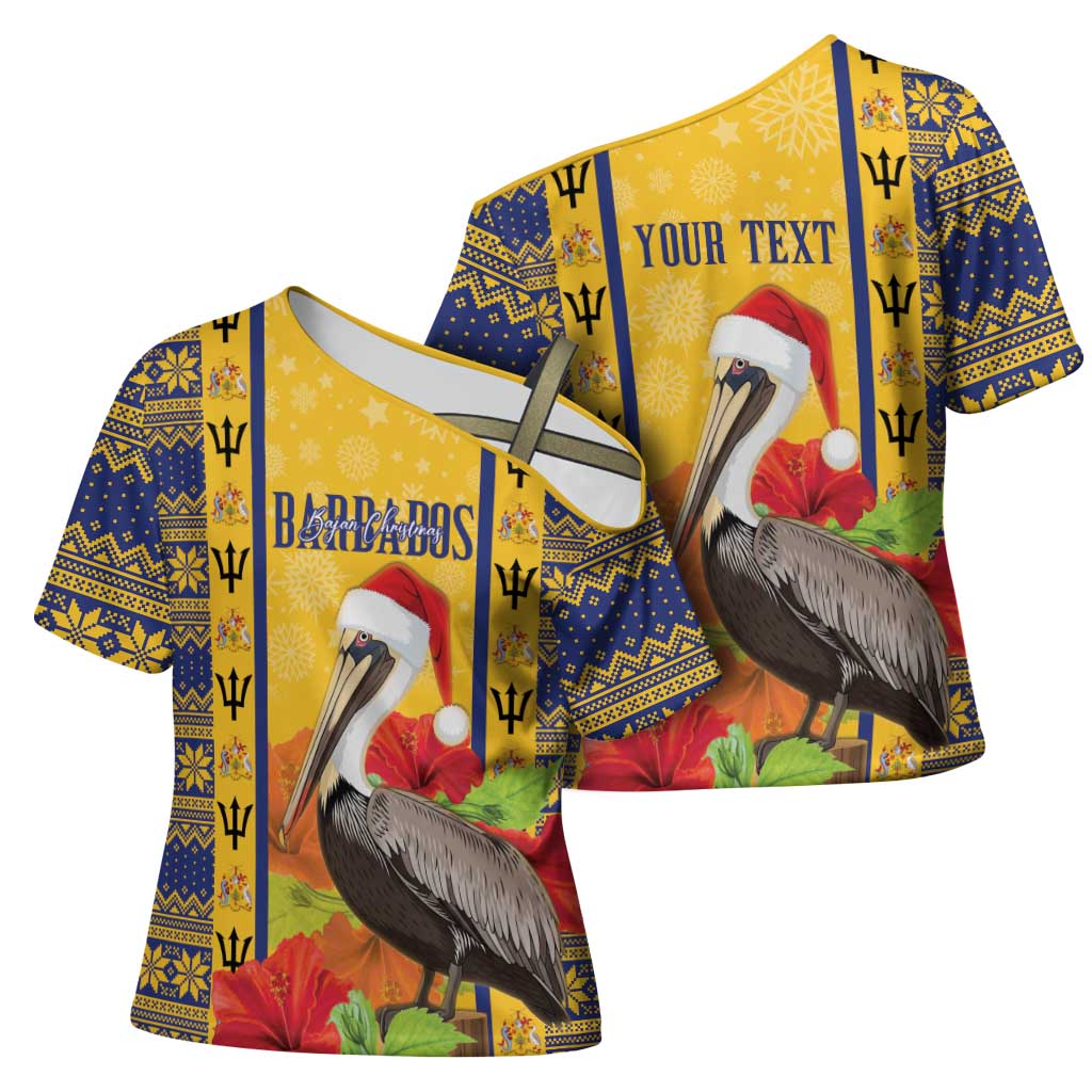 Personalized Barbados Christmas Cross Shoulder Shirt Bajan Xmas Brown Pelican Santa - Wonder Print Shop