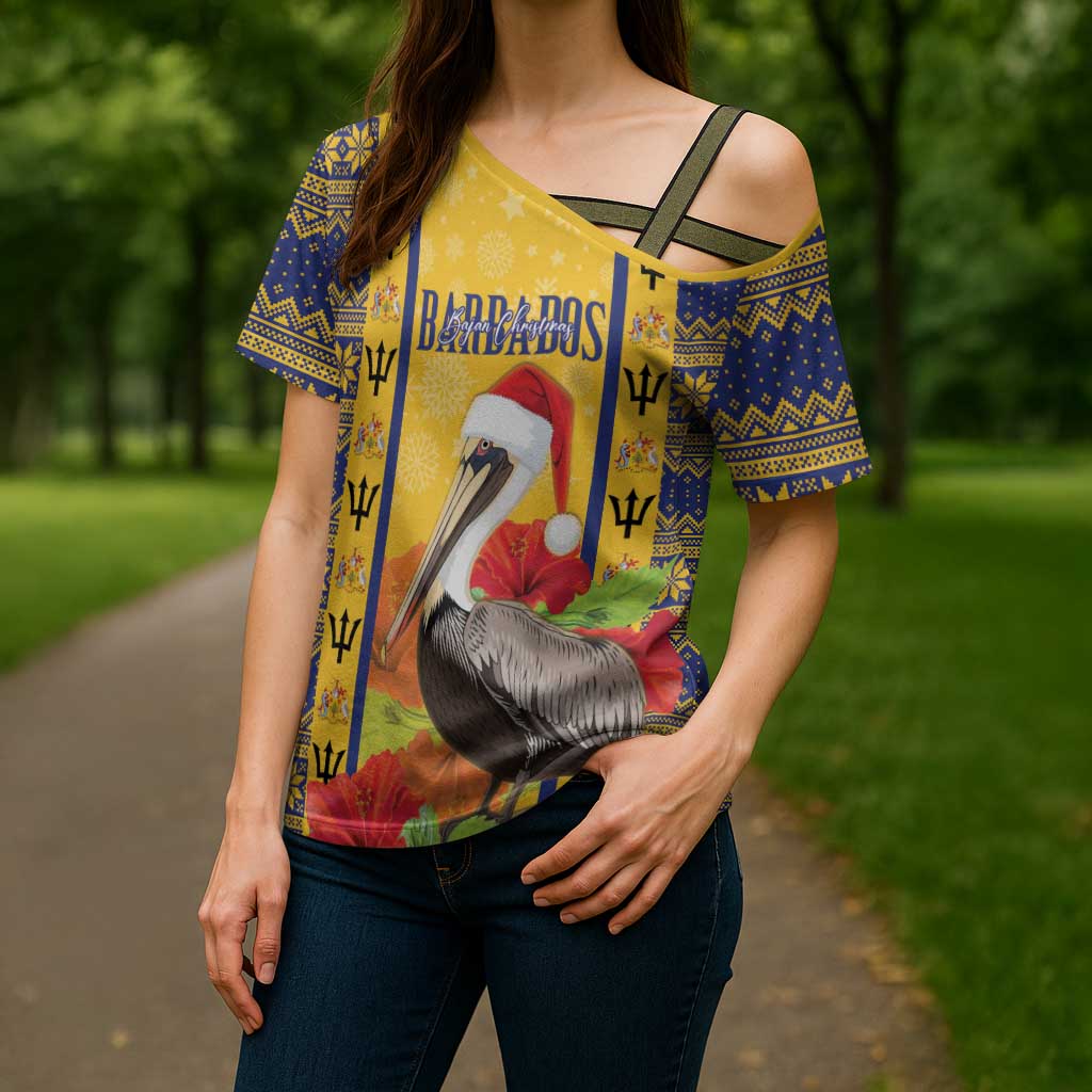Personalized Barbados Christmas Cross Shoulder Shirt Bajan Xmas Brown Pelican Santa - Wonder Print Shop