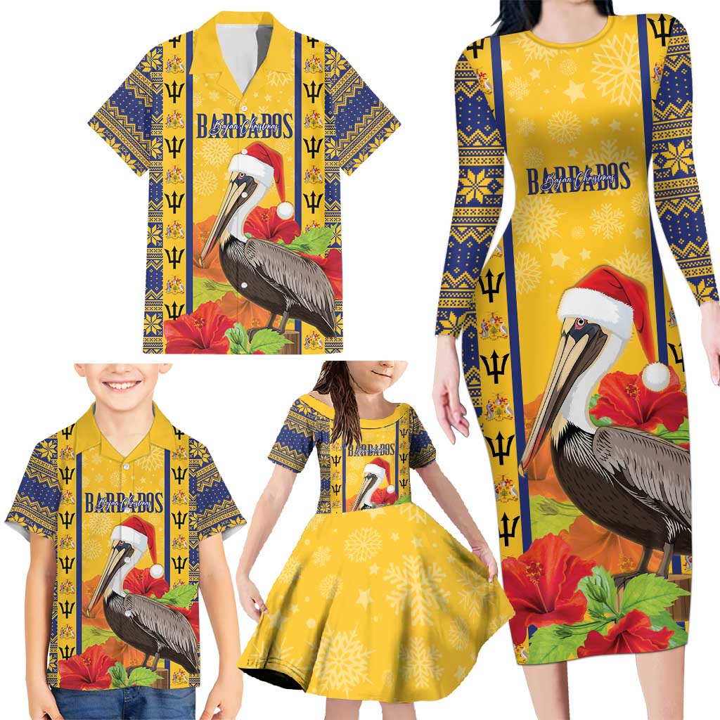 Personalized Barbados Christmas Family Matching Long Sleeve Bodycon Dress and Hawaiian Shirt Bajan Xmas Brown Pelican Santa - Wonder Print Shop