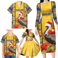 Personalized Barbados Christmas Family Matching Long Sleeve Bodycon Dress and Hawaiian Shirt Bajan Xmas Brown Pelican Santa - Wonder Print Shop