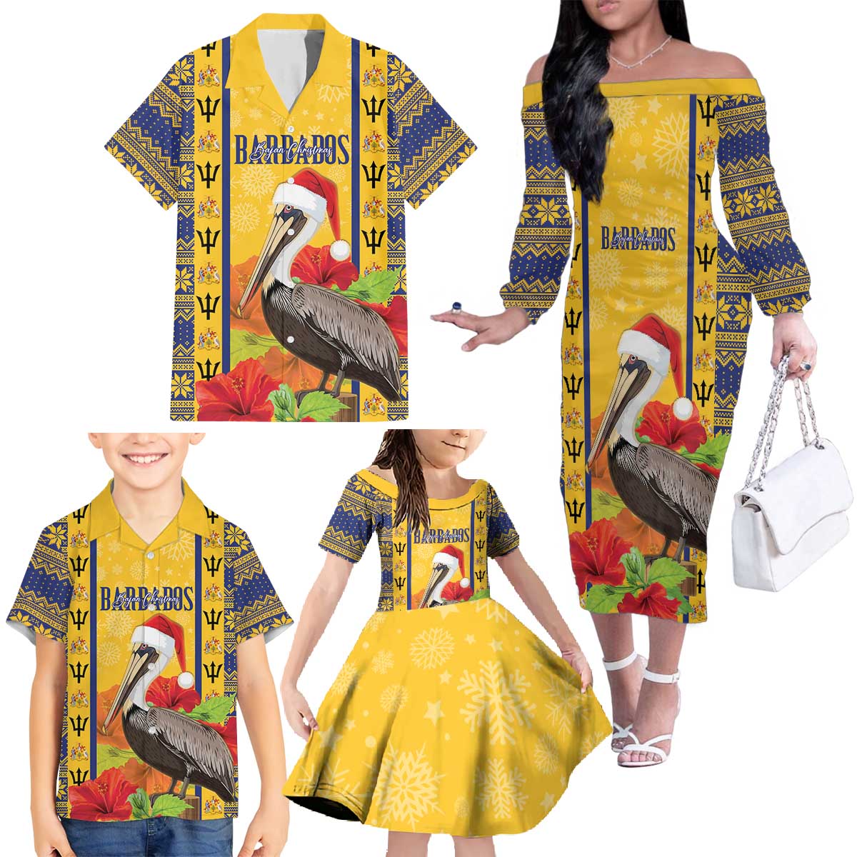 Personalized Barbados Christmas Family Matching Off The Shoulder Long Sleeve Dress and Hawaiian Shirt Bajan Xmas Brown Pelican Santa - Wonder Print Shop