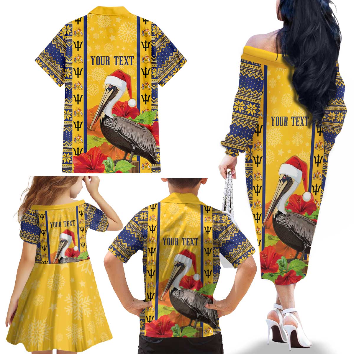 Personalized Barbados Christmas Family Matching Off The Shoulder Long Sleeve Dress and Hawaiian Shirt Bajan Xmas Brown Pelican Santa - Wonder Print Shop