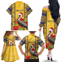Personalized Barbados Christmas Family Matching Off The Shoulder Long Sleeve Dress and Hawaiian Shirt Bajan Xmas Brown Pelican Santa - Wonder Print Shop
