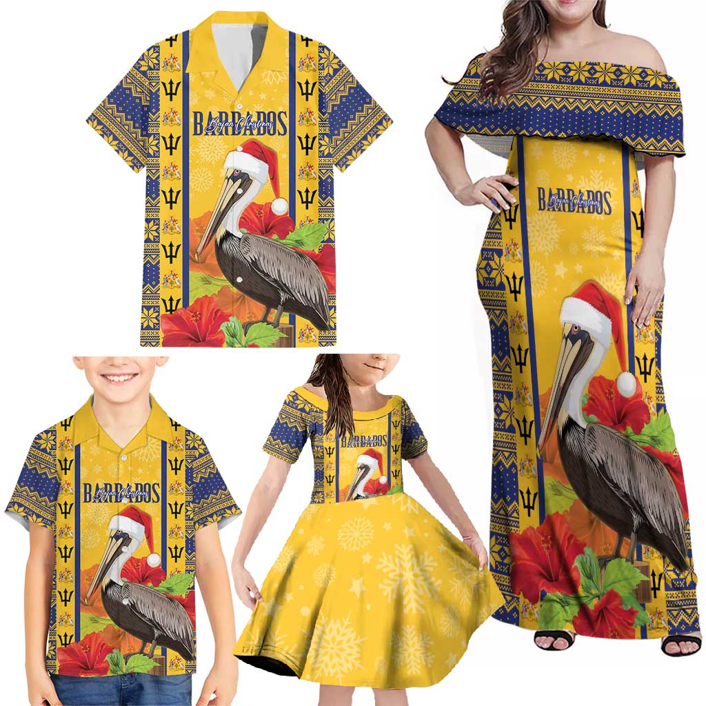 Personalized Barbados Christmas Family Matching Off Shoulder Maxi Dress and Hawaiian Shirt Bajan Xmas Brown Pelican Santa - Wonder Print Shop