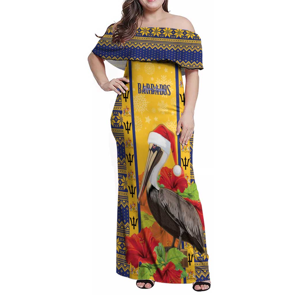 Personalized Barbados Christmas Family Matching Off Shoulder Maxi Dress and Hawaiian Shirt Bajan Xmas Brown Pelican Santa - Wonder Print Shop