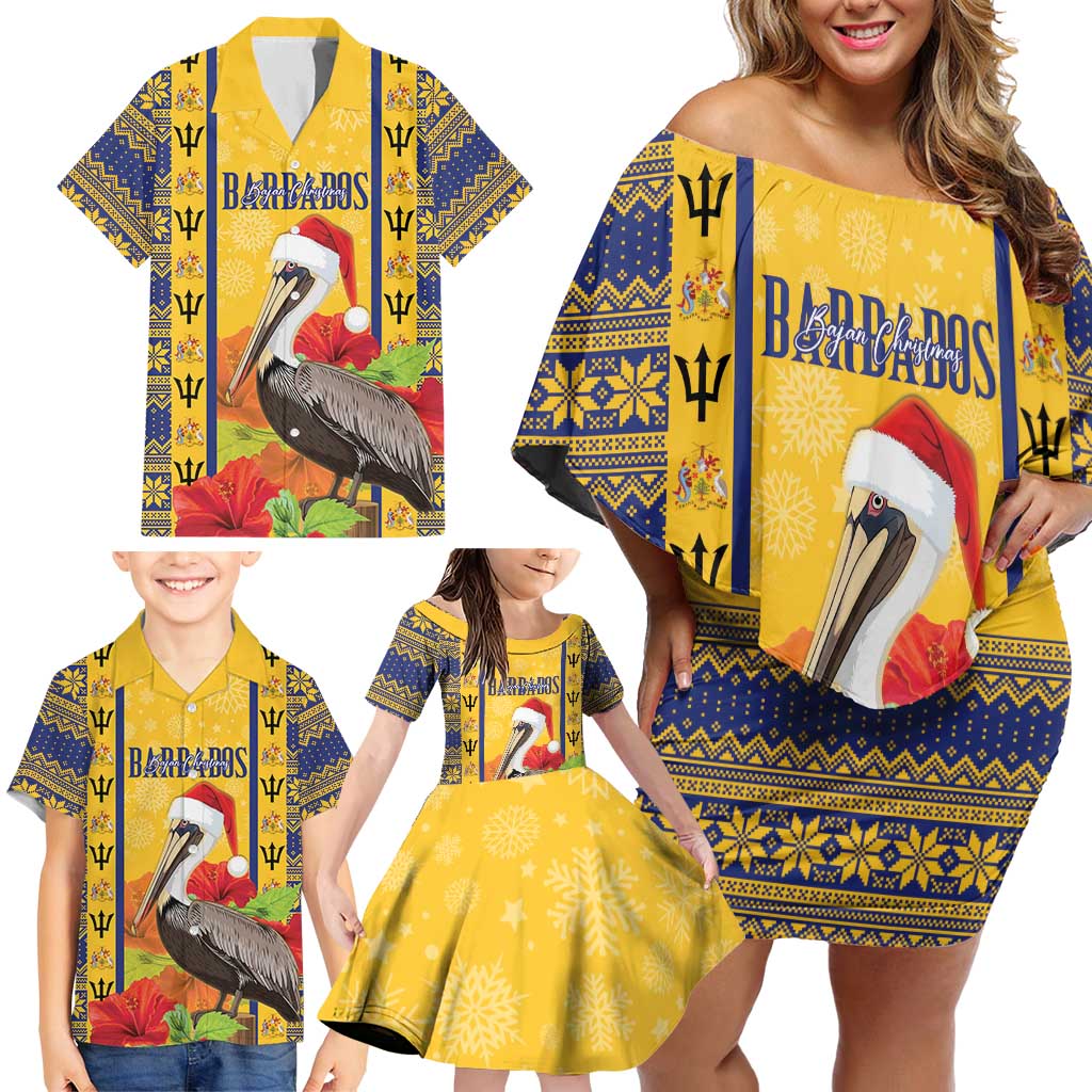 Personalized Barbados Christmas Family Matching Off Shoulder Short Dress and Hawaiian Shirt Bajan Xmas Brown Pelican Santa - Wonder Print Shop