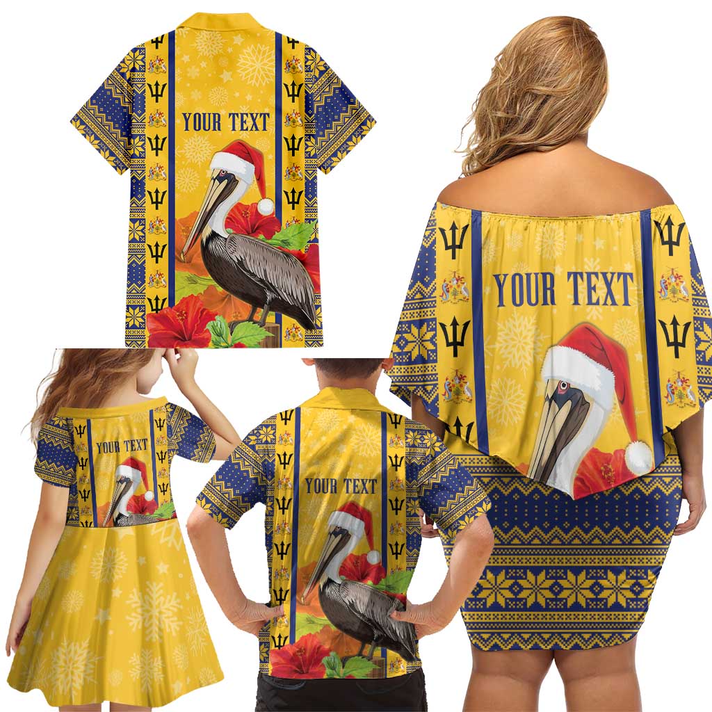 Personalized Barbados Christmas Family Matching Off Shoulder Short Dress and Hawaiian Shirt Bajan Xmas Brown Pelican Santa - Wonder Print Shop