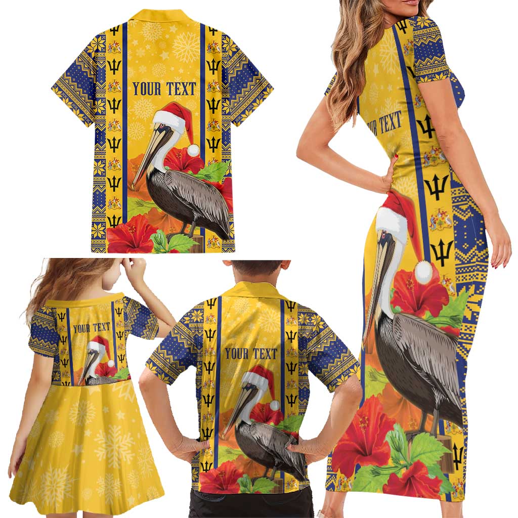 Personalized Barbados Christmas Family Matching Short Sleeve Bodycon Dress and Hawaiian Shirt Bajan Xmas Brown Pelican Santa - Wonder Print Shop