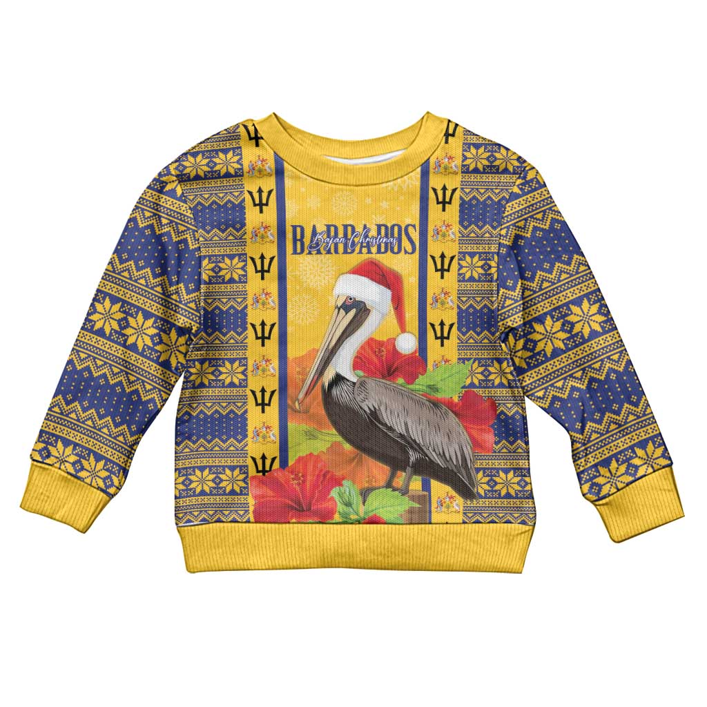 Personalized Barbados Christmas Kid Ugly Christmas Sweater Bajan Xmas Brown Pelican Santa - Wonder Print Shop