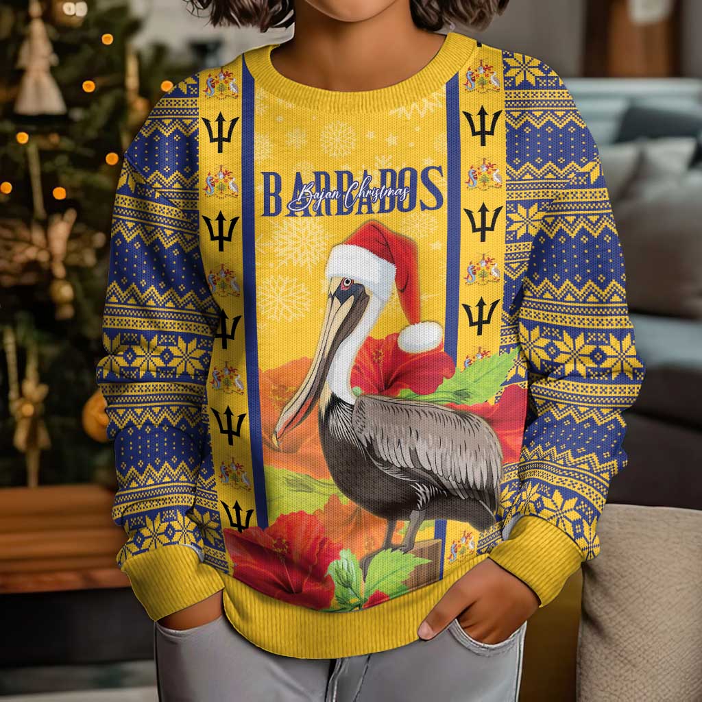 Personalized Barbados Christmas Kid Ugly Christmas Sweater Bajan Xmas Brown Pelican Santa - Wonder Print Shop