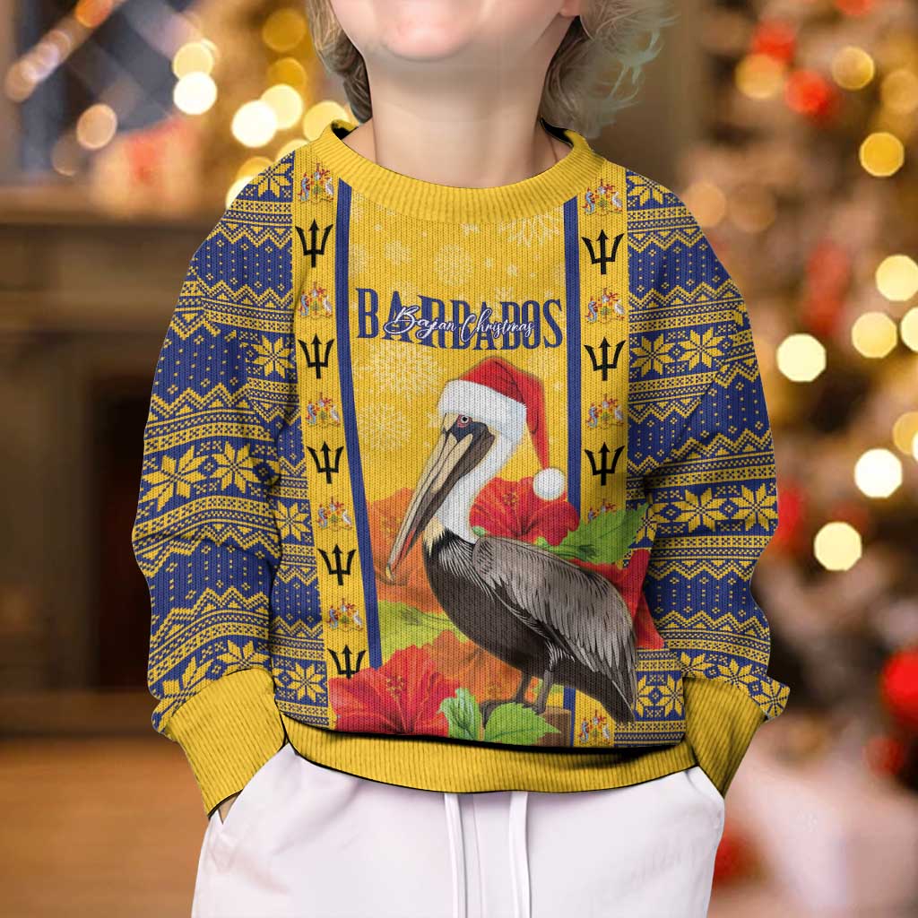 Personalized Barbados Christmas Kid Ugly Christmas Sweater Bajan Xmas Brown Pelican Santa - Wonder Print Shop
