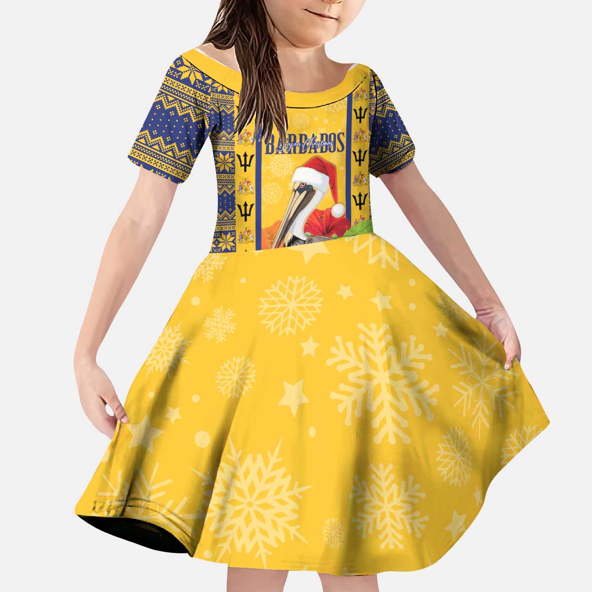 Personalized Barbados Christmas Kid Short Sleeve Dress Bajan Xmas Brown Pelican Santa - Wonder Print Shop