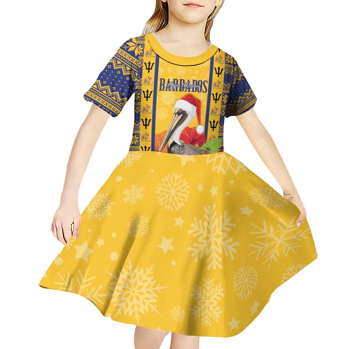 Personalized Barbados Christmas Kid Short Sleeve Dress Bajan Xmas Brown Pelican Santa - Wonder Print Shop