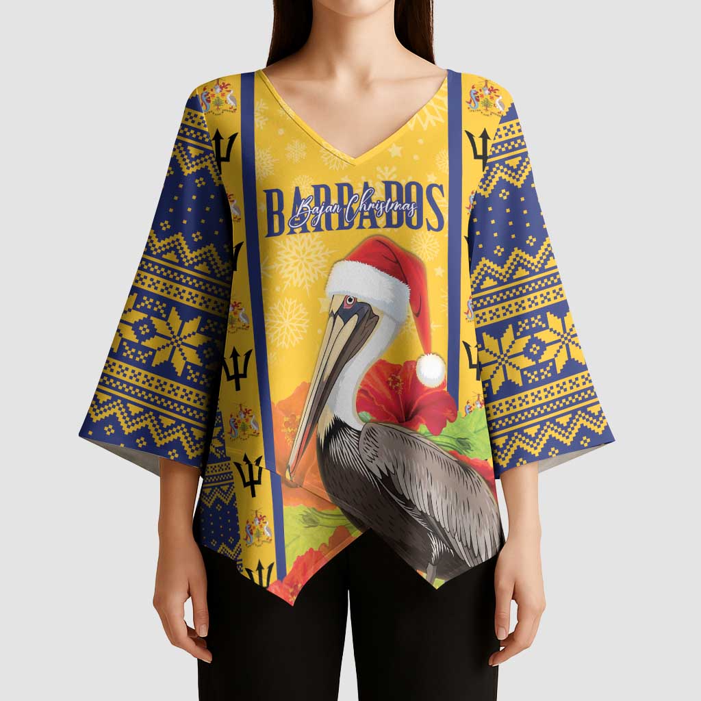 Personalized Barbados Christmas Kimono Sleeve Blouse Bajan Xmas Brown Pelican Santa - Wonder Print Shop