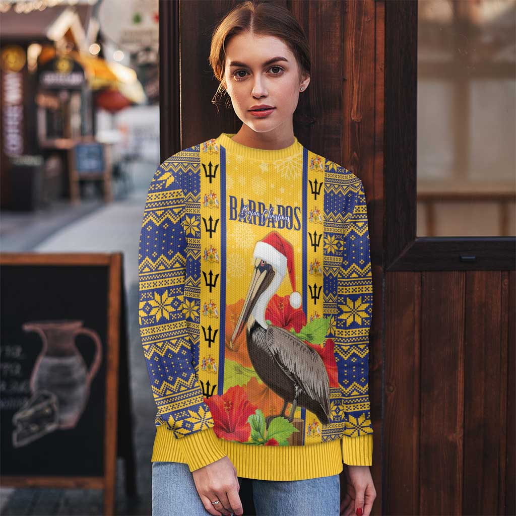 Personalized Barbados Christmas Ugly Christmas Sweater Bajan Xmas Brown Pelican Santa - Wonder Print Shop