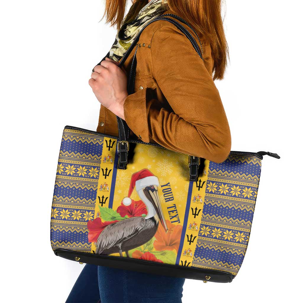 Personalized Barbados Christmas Leather Tote Bag Bajan Xmas Brown Pelican Santa - Wonder Print Shop