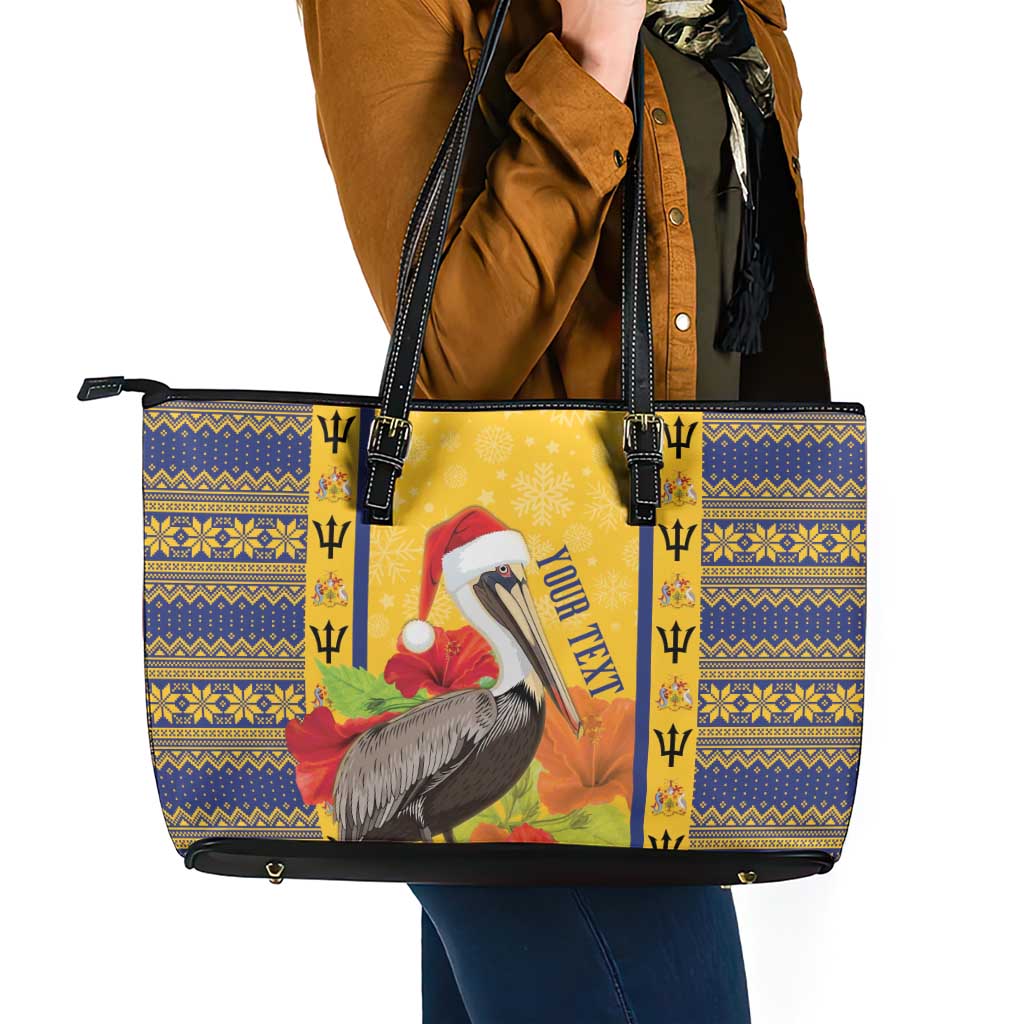 Personalized Barbados Christmas Leather Tote Bag Bajan Xmas Brown Pelican Santa - Wonder Print Shop