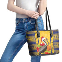 Personalized Barbados Christmas Leather Tote Bag Bajan Xmas Brown Pelican Santa - Wonder Print Shop