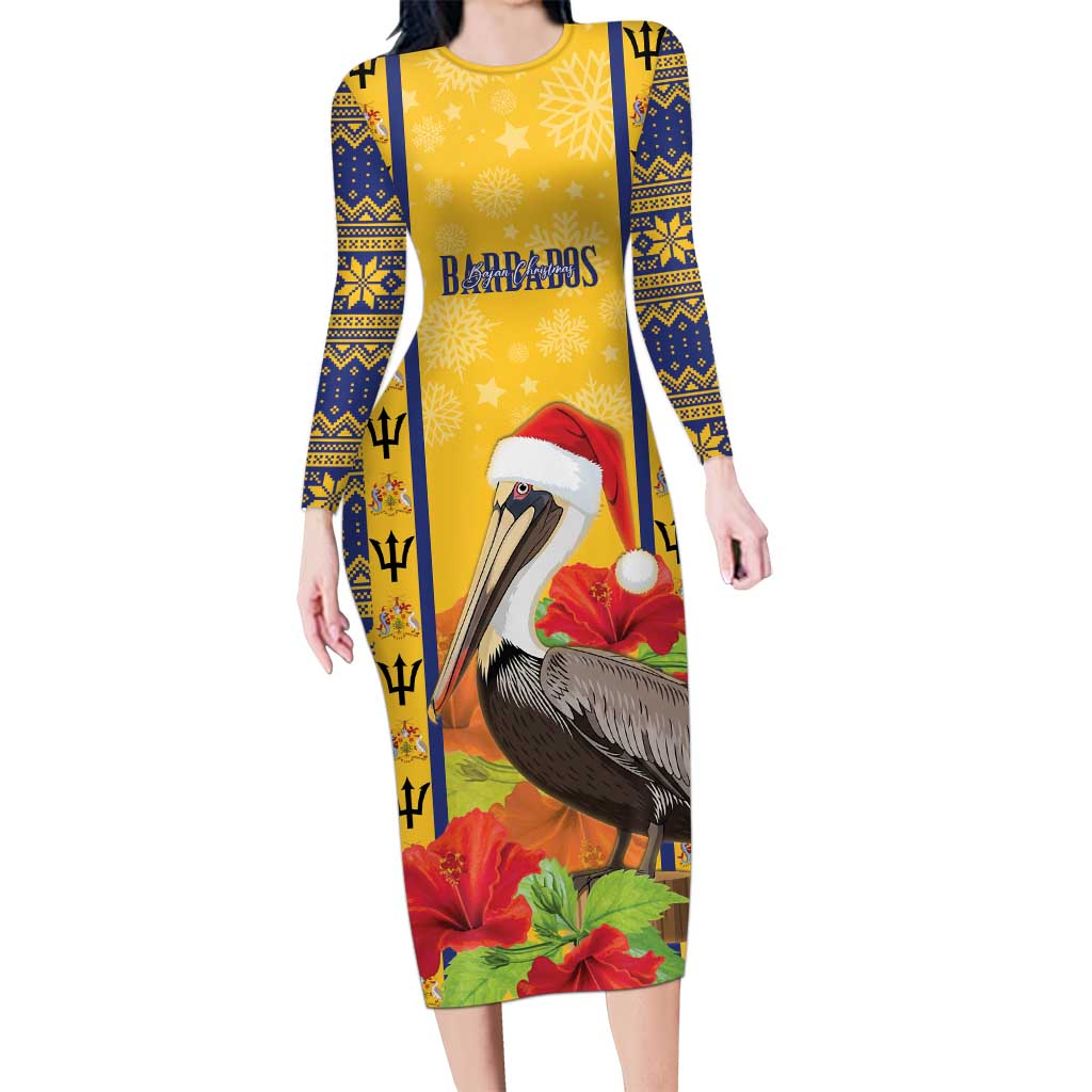 Personalized Barbados Christmas Long Sleeve Bodycon Dress Bajan Xmas Brown Pelican Santa - Wonder Print Shop