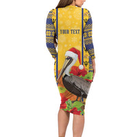 Personalized Barbados Christmas Long Sleeve Bodycon Dress Bajan Xmas Brown Pelican Santa - Wonder Print Shop