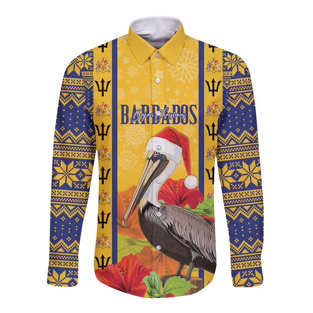 Personalized Barbados Christmas Long Sleeve Button Shirt Bajan Xmas Brown Pelican Santa - Wonder Print Shop