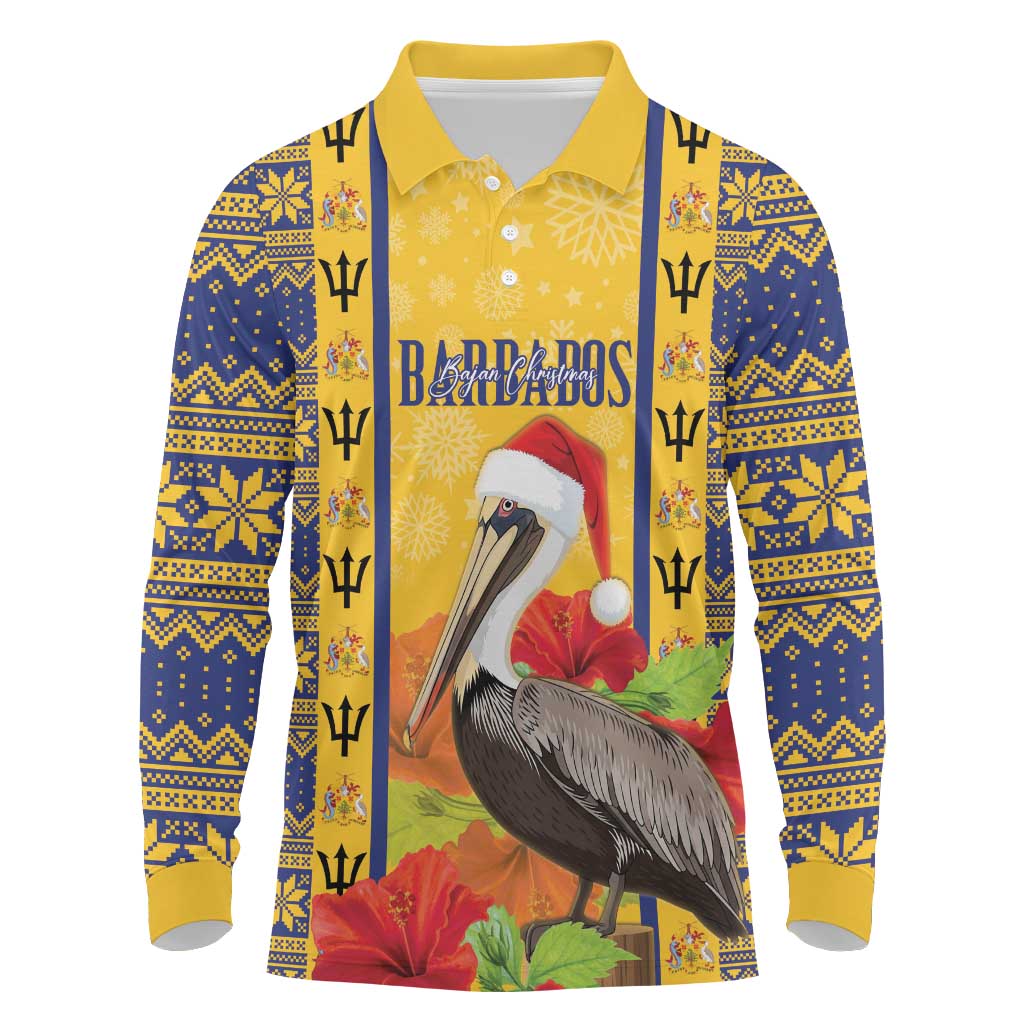 Personalized Barbados Christmas Long Sleeve Polo Shirt Bajan Xmas Brown Pelican Santa - Wonder Print Shop