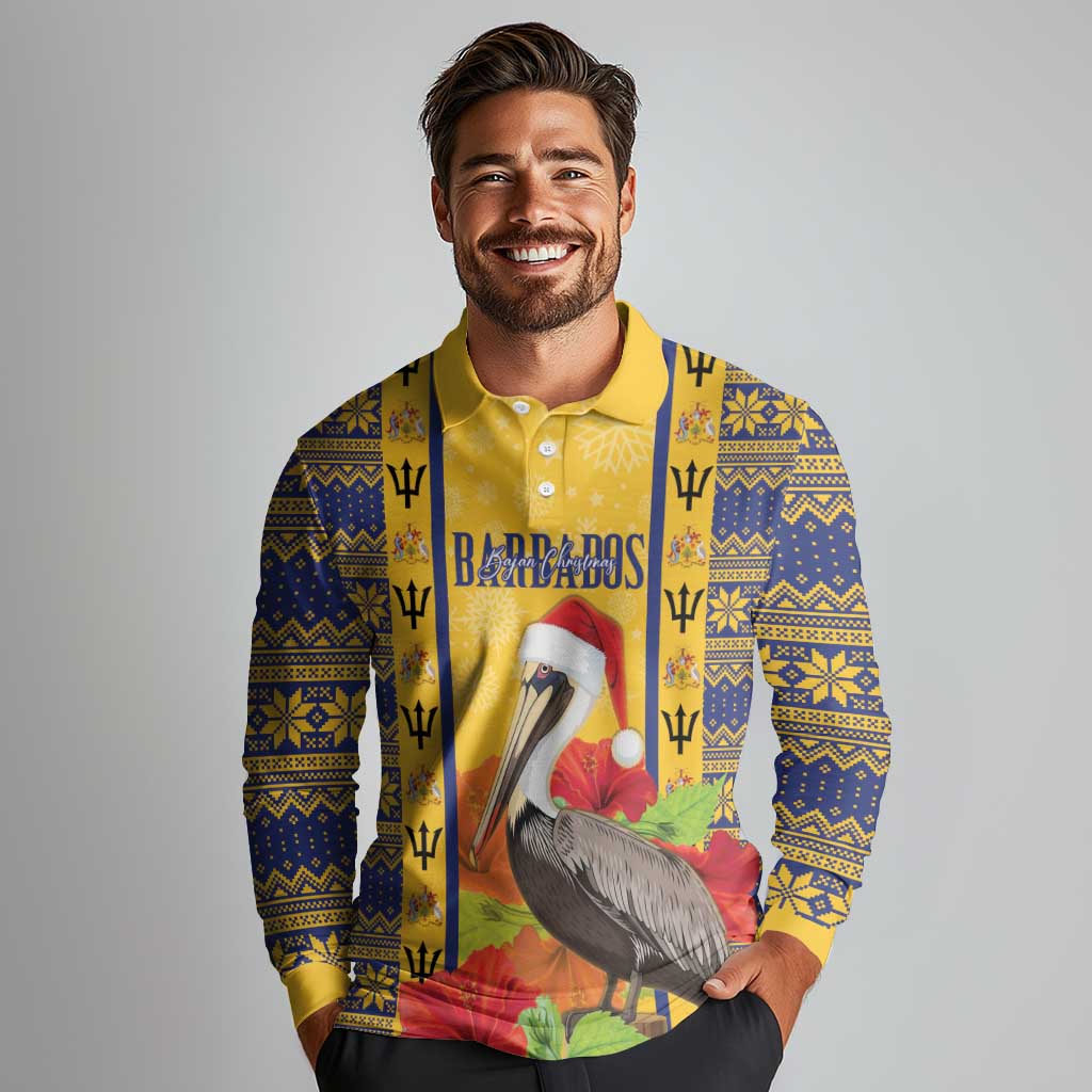 Personalized Barbados Christmas Long Sleeve Polo Shirt Bajan Xmas Brown Pelican Santa - Wonder Print Shop