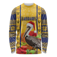 Personalized Barbados Christmas Long Sleeve Shirt Bajan Xmas Brown Pelican Santa - Wonder Print Shop