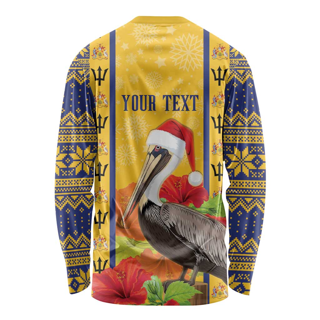 Personalized Barbados Christmas Long Sleeve Shirt Bajan Xmas Brown Pelican Santa - Wonder Print Shop