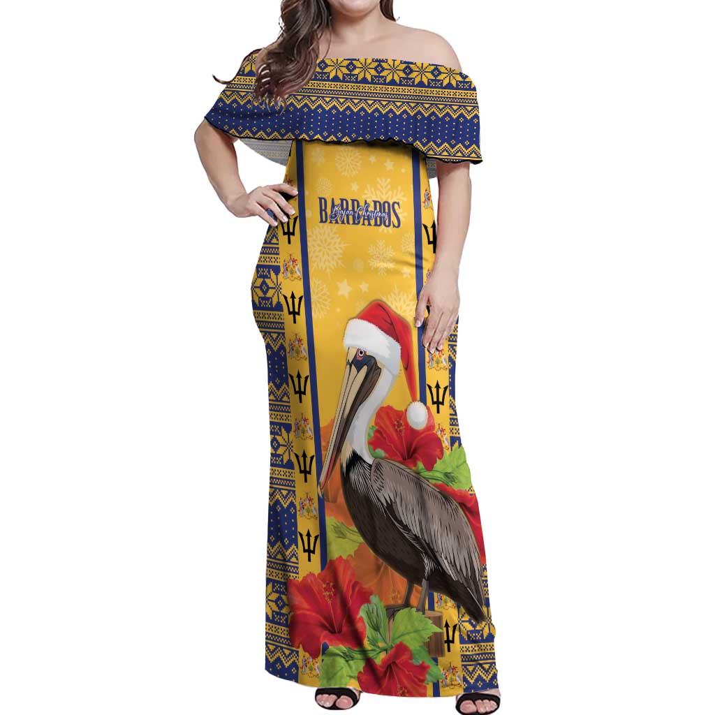 Personalized Barbados Christmas Off Shoulder Maxi Dress Bajan Xmas Brown Pelican Santa - Wonder Print Shop