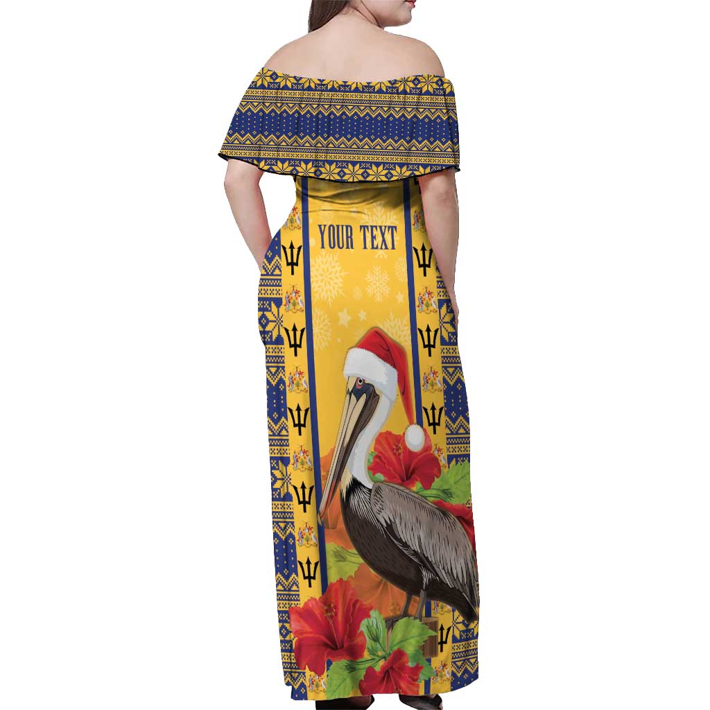 Personalized Barbados Christmas Off Shoulder Maxi Dress Bajan Xmas Brown Pelican Santa - Wonder Print Shop