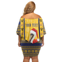 Personalized Barbados Christmas Off Shoulder Short Dress Bajan Xmas Brown Pelican Santa - Wonder Print Shop