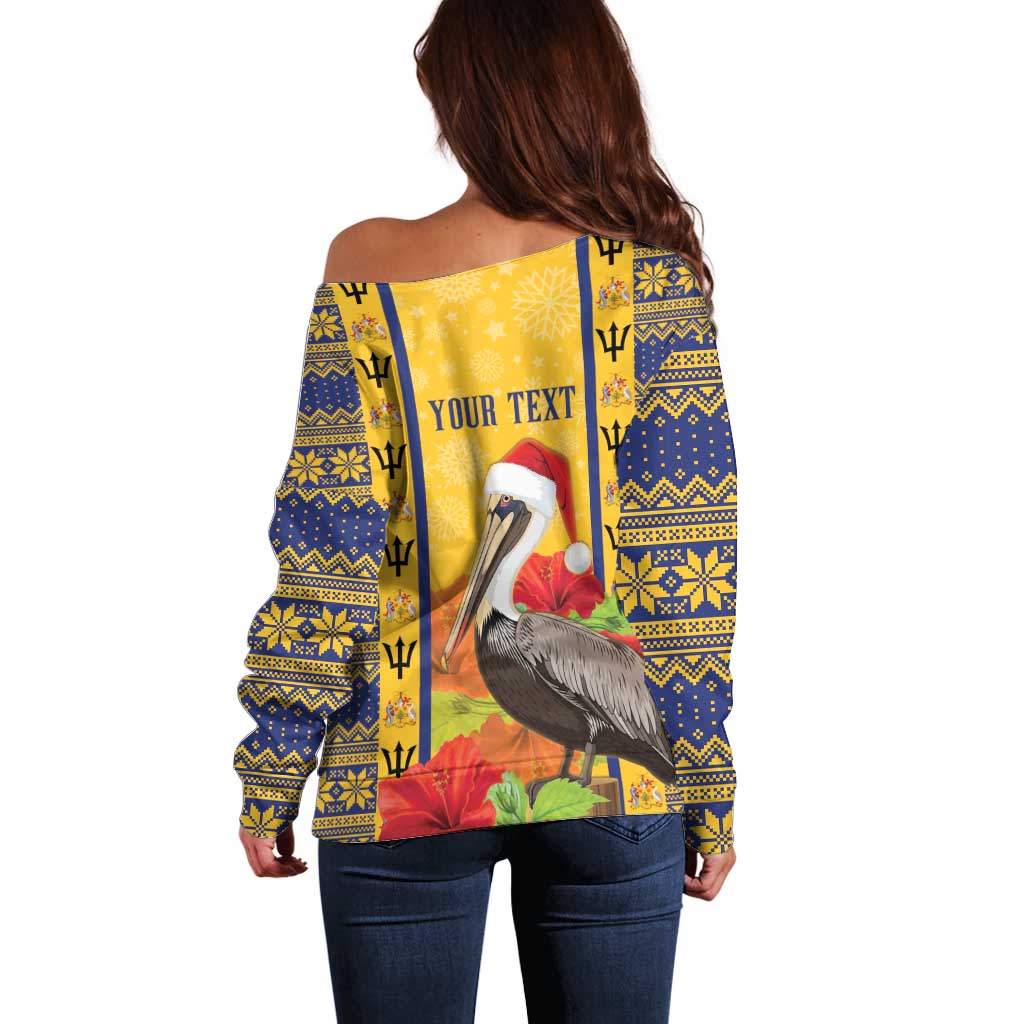 Personalized Barbados Christmas Off Shoulder Sweater Bajan Xmas Brown Pelican Santa - Wonder Print Shop