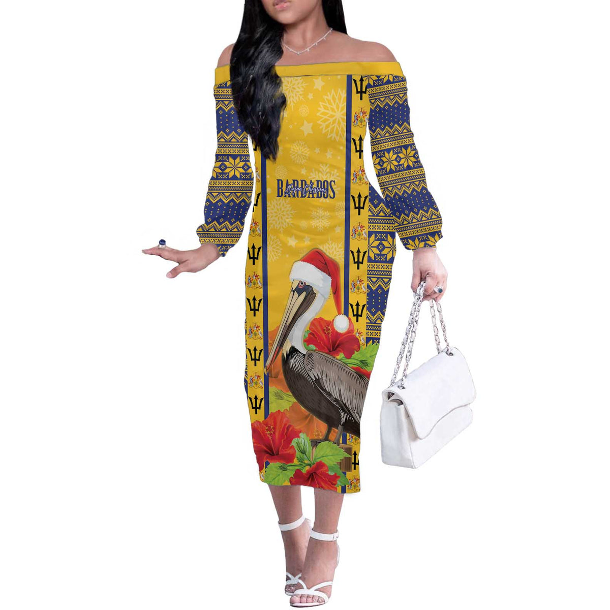 Personalized Barbados Christmas Off The Shoulder Long Sleeve Dress Bajan Xmas Brown Pelican Santa - Wonder Print Shop