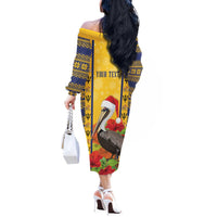 Personalized Barbados Christmas Off The Shoulder Long Sleeve Dress Bajan Xmas Brown Pelican Santa - Wonder Print Shop